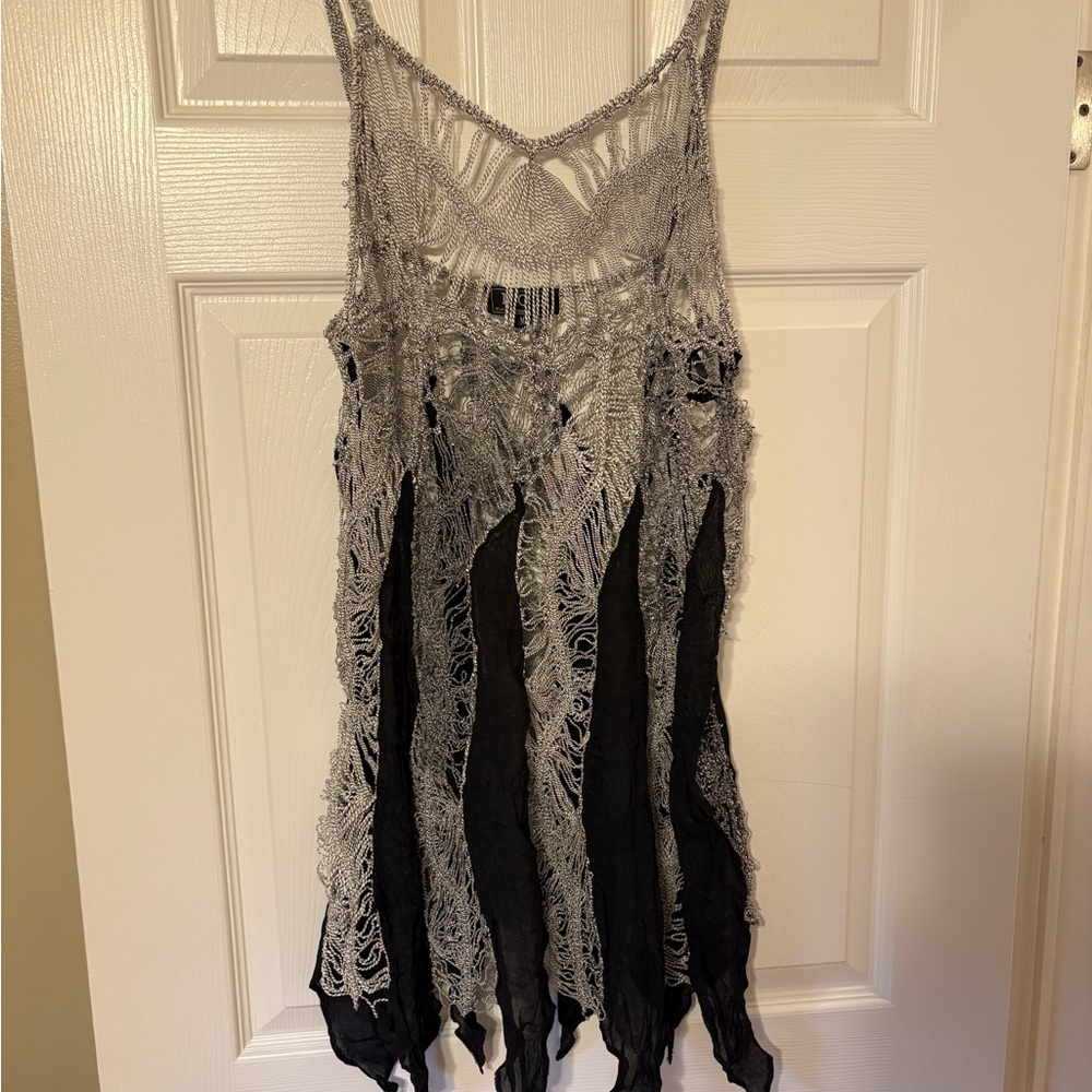 POL Boho Crochet Tank Top Gray Black Lace Fringe Layered Festival Hippie Top